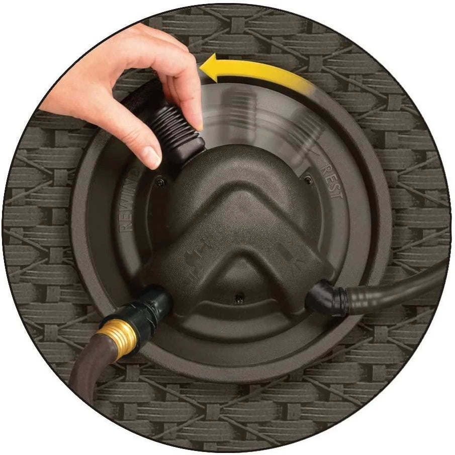 Suncast Aquawinder 125 Wicker Garden Hose Reel Lightweight Portable Hands Free Water Powered Retractable Hose Reel Java