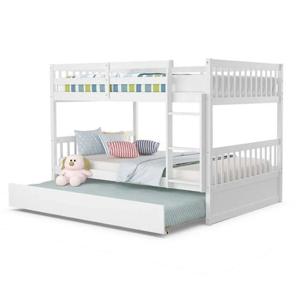 Solid Wood Full Over Full Bunk Bed Frame With Trundle, Safety Ladder And Guardrails, Convertible Bunk Bed For Kids Teens