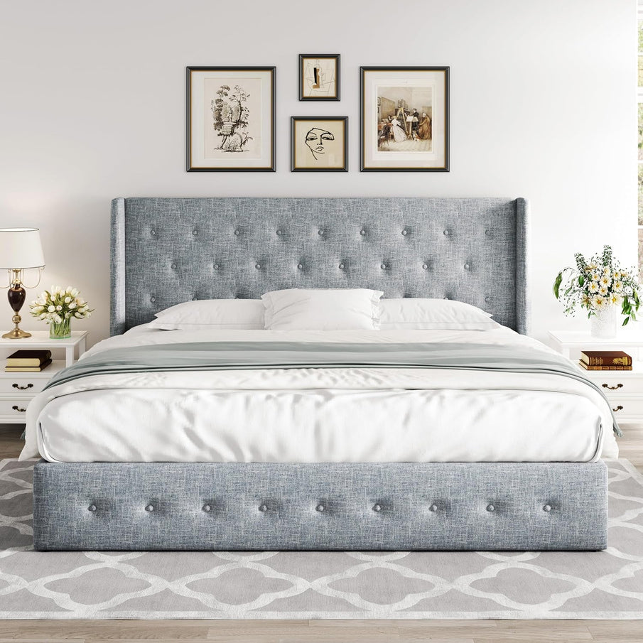 Allewie Queen Size Lift Up Storage Bed, Modern Wingback Headboard, Hydraulic Support, No Box Spring Needed, Light Beige