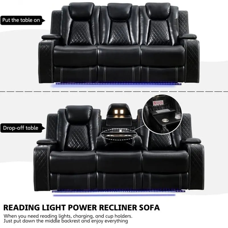 Power Reclining Sofa With Wireless Charger, Reading Light For Living Room, Faux Leather LED Light, AC/USB Port, Cup Holder, Black