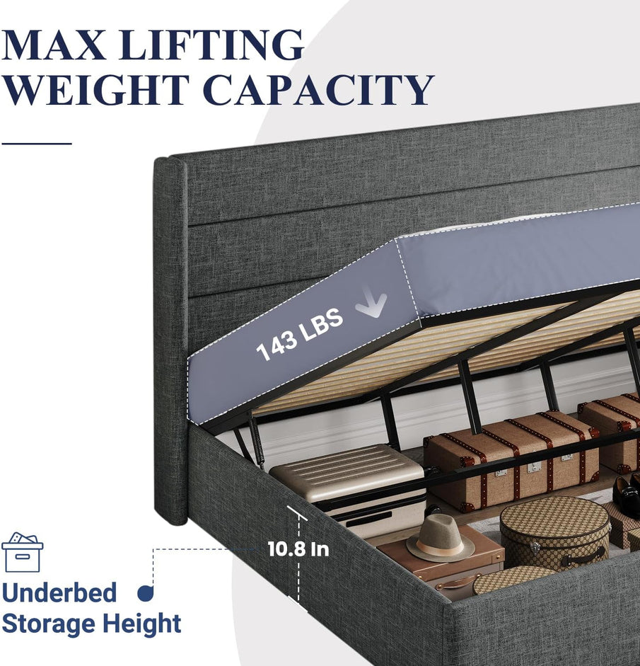 Allewie Queen Size Lift Up Storage Bed, Modern Wingback Headboard, Hydraulic Support, No Box Spring Needed, Light Beige