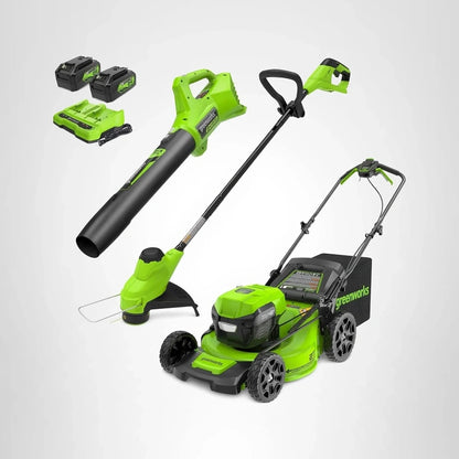 Greenworks 48V, 24V x 2 21 In. Brushless Self-Propelled Mower Plus 12 In. String Trimmer Plus 320CFM Blower