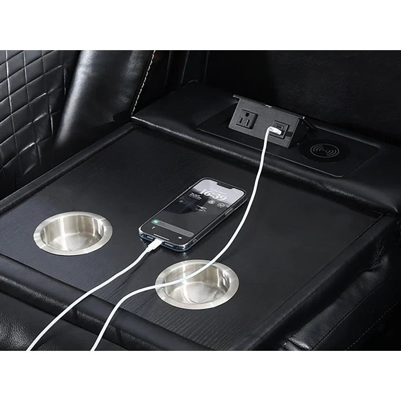 Power Reclining Sofa With Wireless Charger, Reading Light For Living Room, Faux Leather LED Light, AC/USB Port, Cup Holder, Black