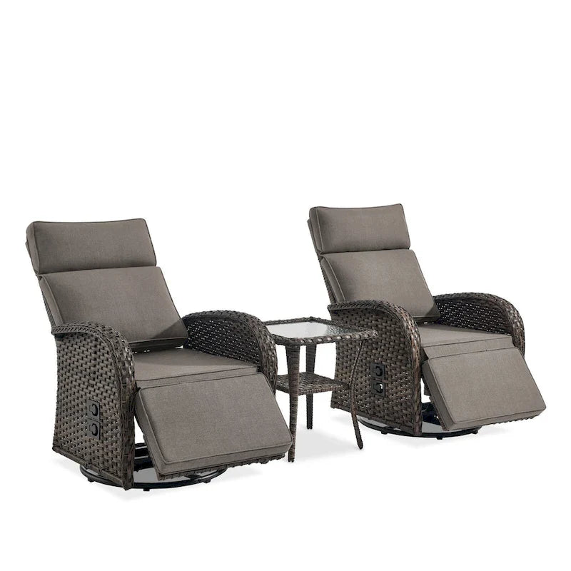 Pocassy 3PCS Versatile Outdoor Recliner Chair With Side Table Grey Cushion