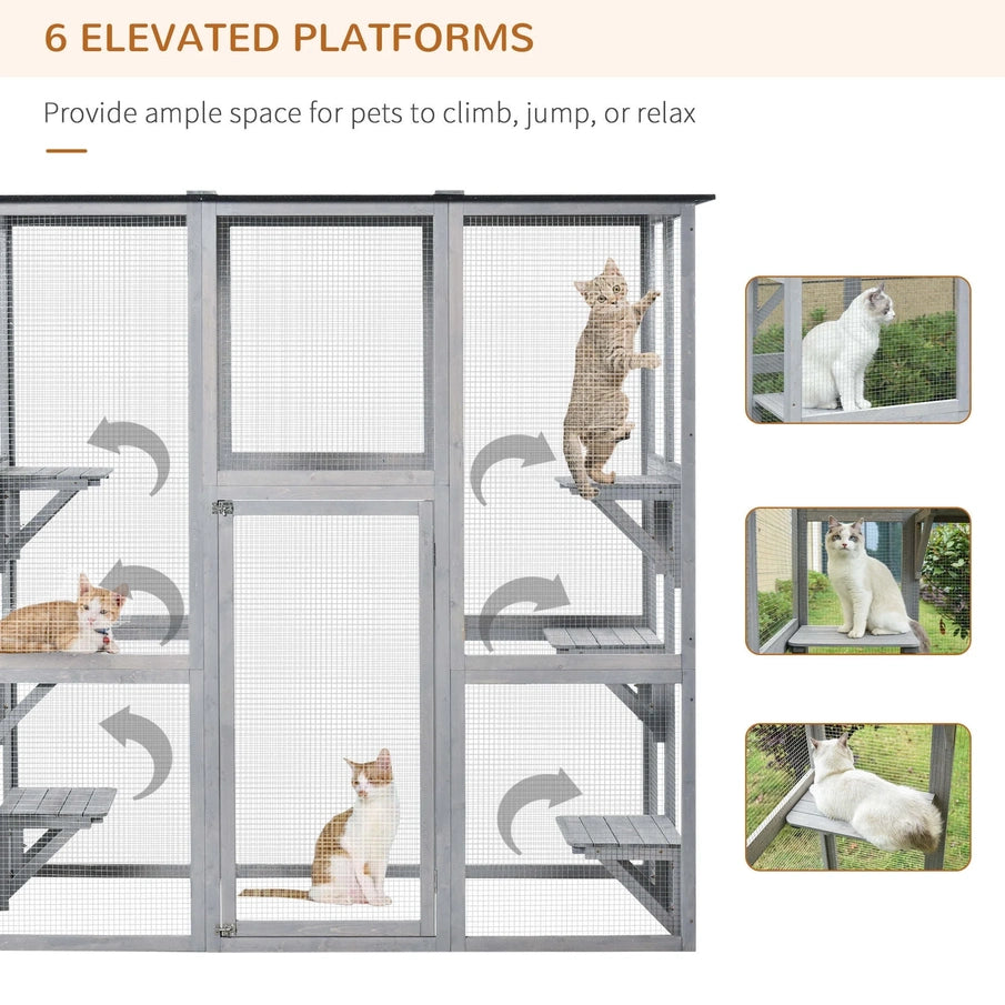 PawHut Wooden Catio Enclosure With Weather Protection, 6 Platforms, Outdoor, Large, 71 In. x 38.5 In. x 71 In