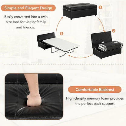 Twin Size Folding Pull Out Ottoman Sleeper Bed With Mattress Convertible Guest Bed, PU Upholstered Sleeper Sofa