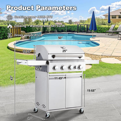 Upgraded 4 Burner Bbq Propane Gas Grill With Cast Iron Grates And Side Stove, 44,000 BTU Stainless Steel Burner Barbecue Grill For Patio