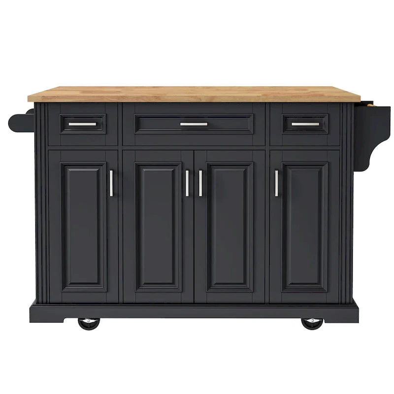 54 Large Kitchen Island With Rubber Wood Drop Leaf, Embossed Texture Rolling Kitchen Cart On 4 Wheels With 4 Doors And 3 Drawers
