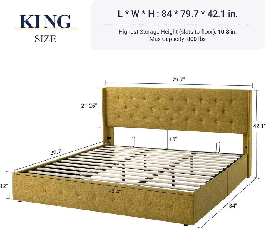 Allewie Queen Size Lift Up Storage Bed, Modern Wingback Headboard, Hydraulic Support, No Box Spring Needed, Light Beige