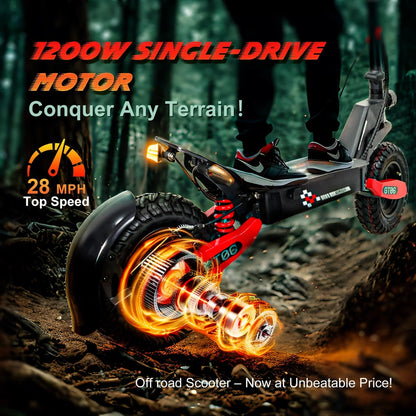 Off Road Electric Scooter For Adults, 1200W Motor Fast E Scooter, Up To 28MPH Top Speed And 20Miles Long Range, 11 In. Off-Road Tires