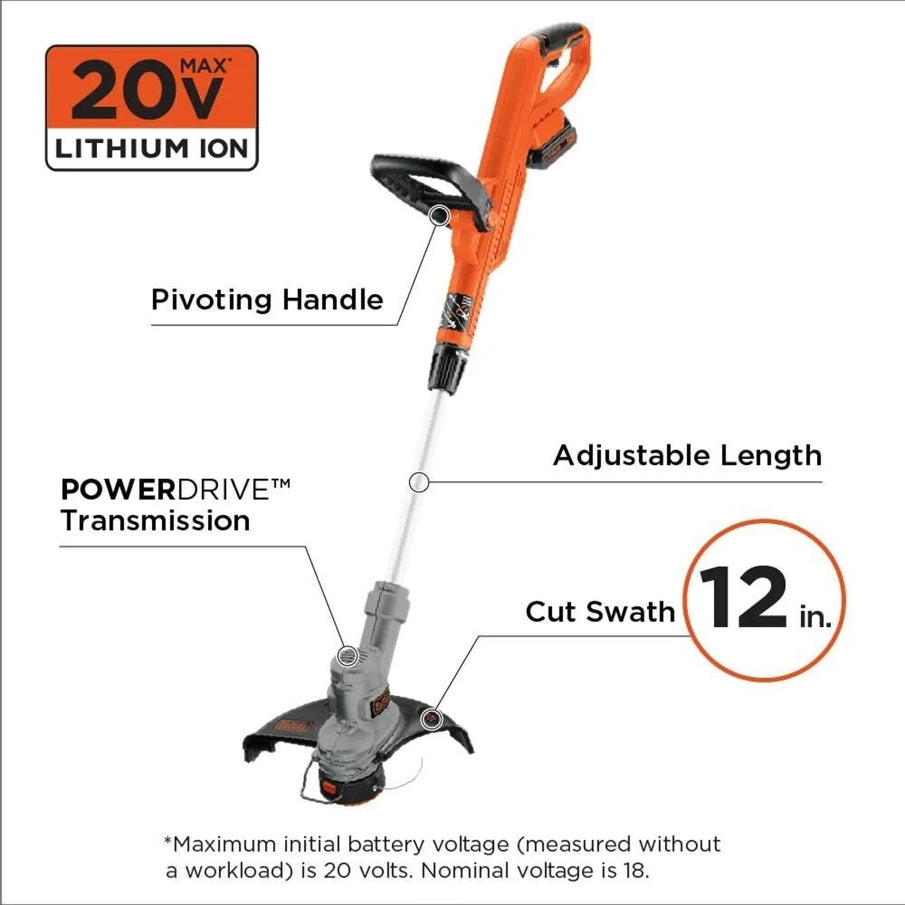 Black Plus Decker 20V Cordless String Trimmer And Edger, 2Ah, Lithium Ion Battery Included