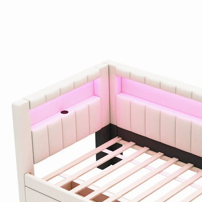 Upholstered Platform Bed With USB Ports And LED Lighting, Full/Twin Size Bed Frame With 2 Storage Drawers, Modern Bedroom