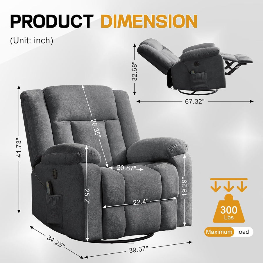 Rocker Recliner, Glider Recliner Chairs For Adults, 360 Degree Swivel Rocking Chair With Massage And Heating