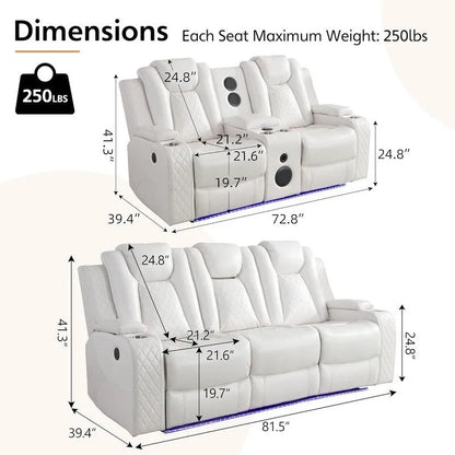 Power Reclining Sofa With Wireless Charger, Reading Light For Living Room, Faux Leather LED Light, AC/USB Port, Cup Holder, Black