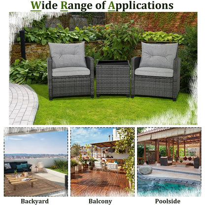 Gymax 3PCS Patio Rattan Sofa Set Outdoor Wicker Conversation Set Glass Tabletop w/Grey Cushion