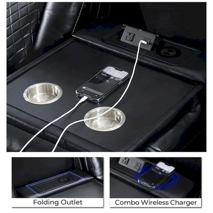 Power Reclining Sofa With Wireless Charger, Reading Light For Living Room, Faux Leather LED Light, AC/USB Port, Cup Holder, Black