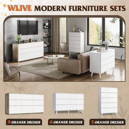 9 Drawer LED Dresser For Bedroom, 58.35 In. Wide Wood Dresser Storage Organizer With Power Outlets For 65 In. TV, Dressers With Open Shelves