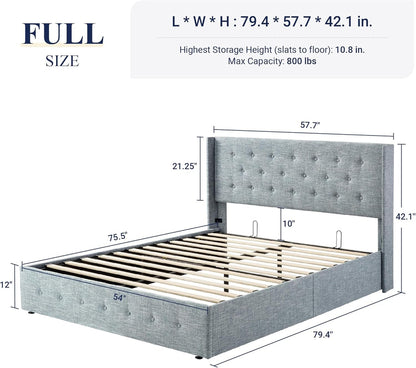 Allewie Queen Size Lift Up Storage Bed, Modern Wingback Headboard, Hydraulic Support, No Box Spring Needed, Light Beige