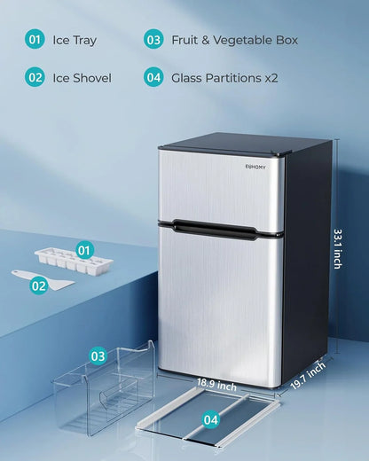 Euhomy 3.2 Cu. Ft. Mini Fridge With Freezer 2-Door Compact Refrigerator For Bedroom, Dorm, Office Or Apartment, Silver