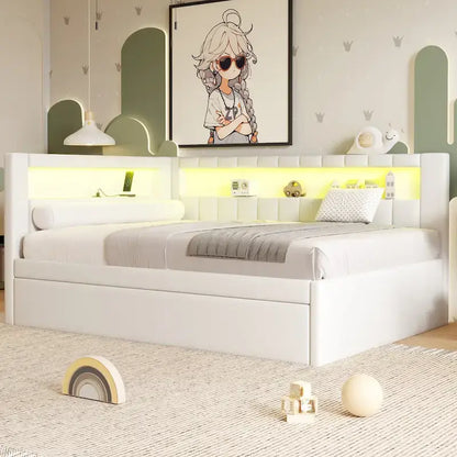 Upholstered Platform Bed With USB Ports And LED Lighting, Full/Twin Size Bed Frame With 2 Storage Drawers, Modern Bedroom