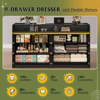 9 Drawer LED Dresser For Bedroom, 58.35 In. Wide Wood Dresser Storage Organizer With Power Outlets For 65 In. TV, Dressers With Open Shelves