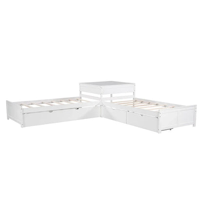 White Modern Twin Size L-Shaped Platform Bed With Trundle And Drawers For Bedroom