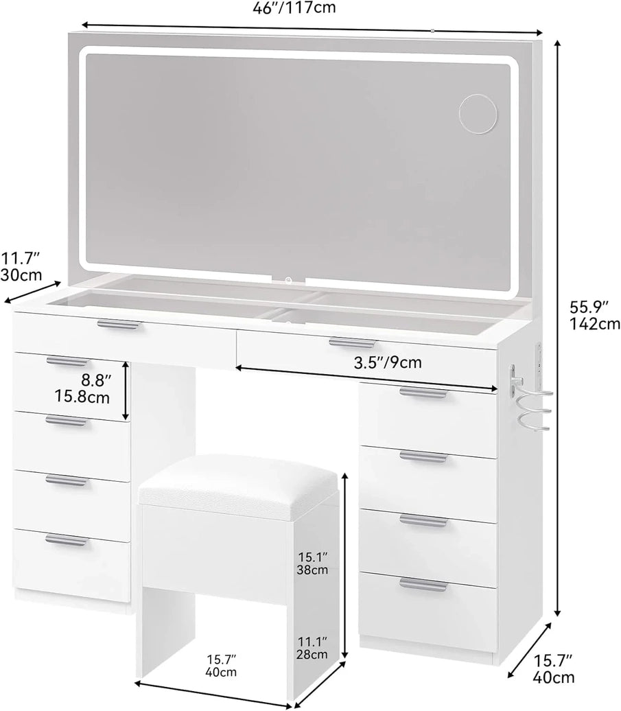 Yitahome Vanity Set With LED Mirror, 10 Drawers, Stool Included