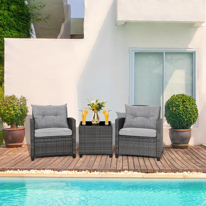 Gymax 3PCS Patio Rattan Sofa Set Outdoor Wicker Conversation Set Glass Tabletop w/Grey Cushion