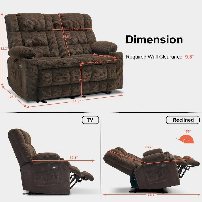MCombo Power Loveseat Recliner, Electric Reclining Loveseat Sofa With Heat And Vibration, Cupholders, USB Charge Ports RS6314