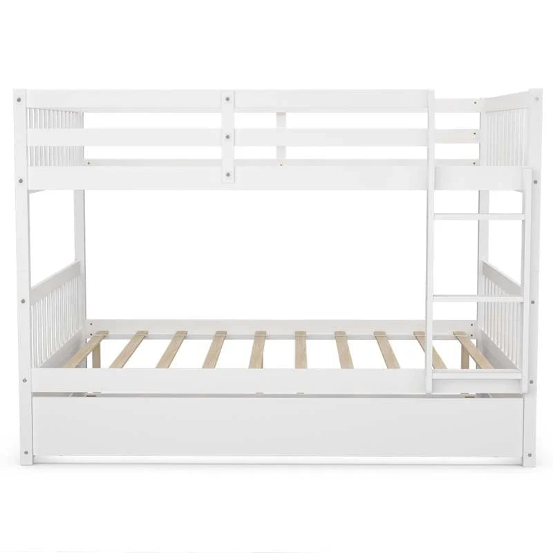 Solid Wood Full Over Full Bunk Bed Frame With Trundle, Safety Ladder And Guardrails, Convertible Bunk Bed For Kids Teens