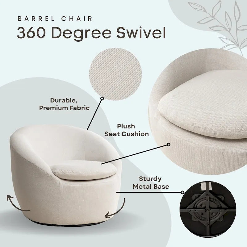Swivel Barrel Chair, 360 Degree Rotation, Boucle Fabric
