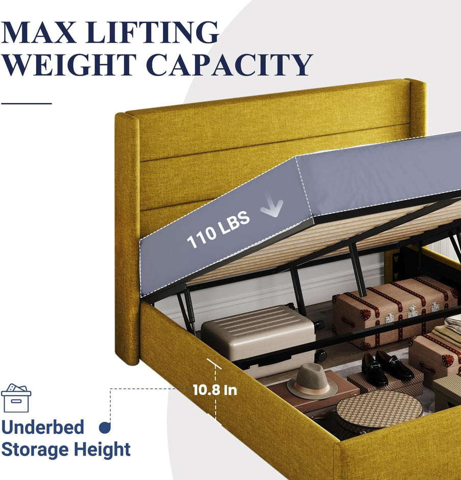 Allewie Queen Size Lift Up Storage Bed, Modern Wingback Headboard, Hydraulic Support, No Box Spring Needed, Light Beige