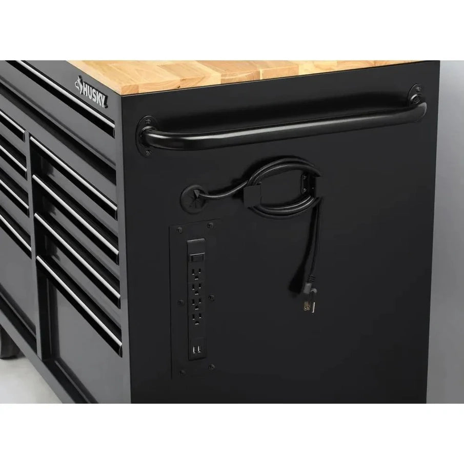 Mobile Workbench With 9 Drawers, Hardwood Top And Power Connection, 117 Cm W x 62 Cm D C High-Gloss Black