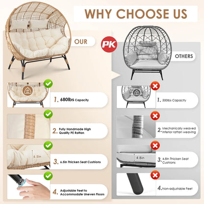 Radiata Double Egg Chair For 2 Person, Oversized Wicker Loveseat With Thick Cushions, 680 Lbs Capacity