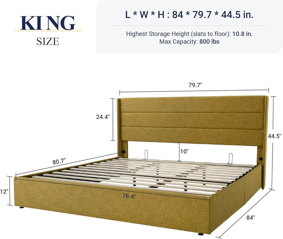 Allewie Queen Size Lift Up Storage Bed, Modern Wingback Headboard, Hydraulic Support, No Box Spring Needed, Light Beige