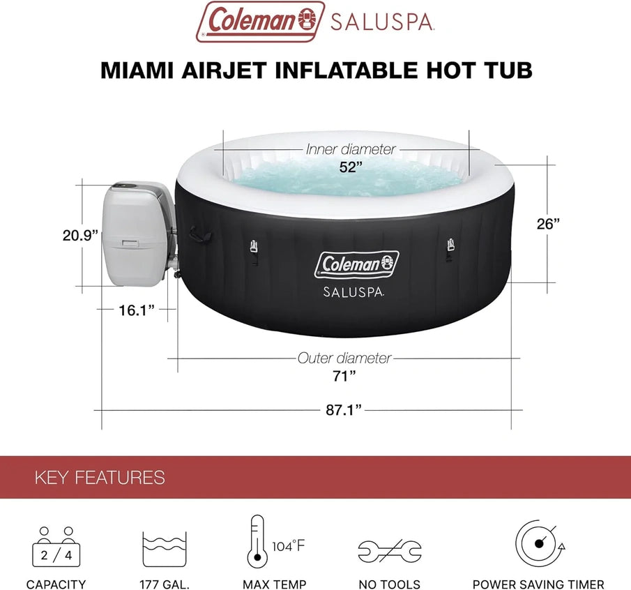 Coleman SaluSpa Miami AirJet 2 To 4 Person Round Inflatable Hot Tub Portable Outdoor Spa With 120 Soothing AirJets And Insulated Cover, Black