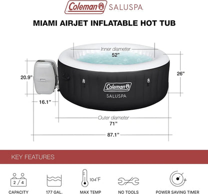 Coleman SaluSpa Miami AirJet 2 To 4 Person Round Inflatable Hot Tub Portable Outdoor Spa With 120 Soothing AirJets And Insulated Cover, Black