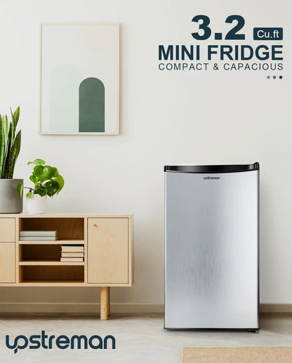 Upstreman 3.2 Cu. Ft. Mini Fridge With Freezer, Single Door Mini Fridge, Dorm Fridge, Adjustable Thermostat, Black-BR321