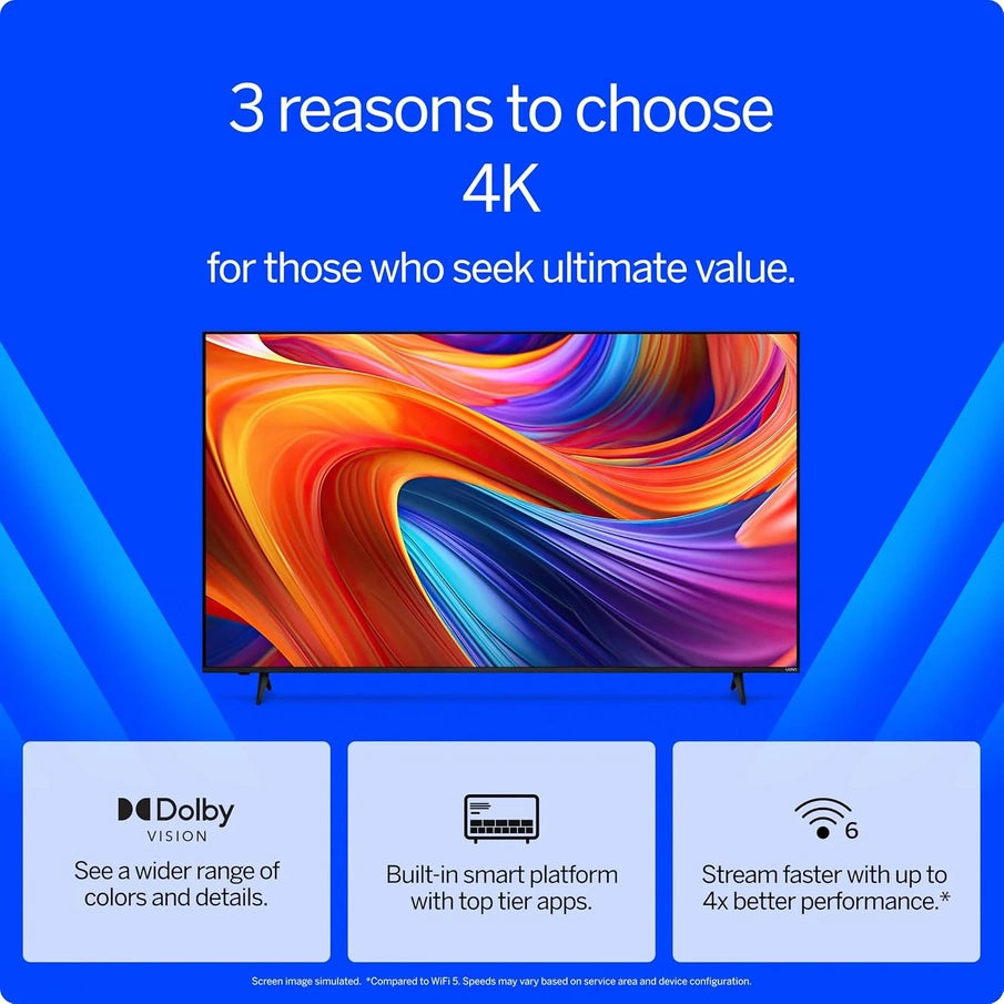 Vizio 50 In. 4K Resolution HDR Smart TV, Dolby Vision HDR/HDR10 Plus, WiFi 6, Renewed