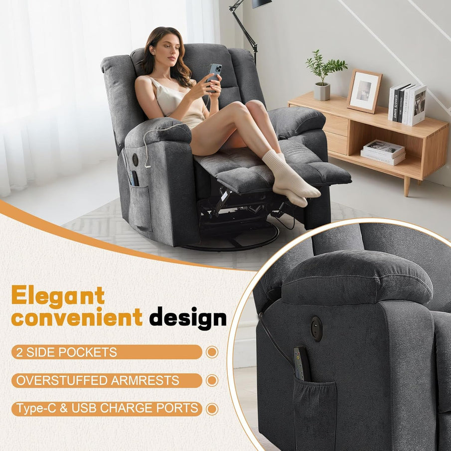 Rocker Recliner, Glider Recliner Chairs For Adults, 360 Degree Swivel Rocking Chair With Massage And Heating