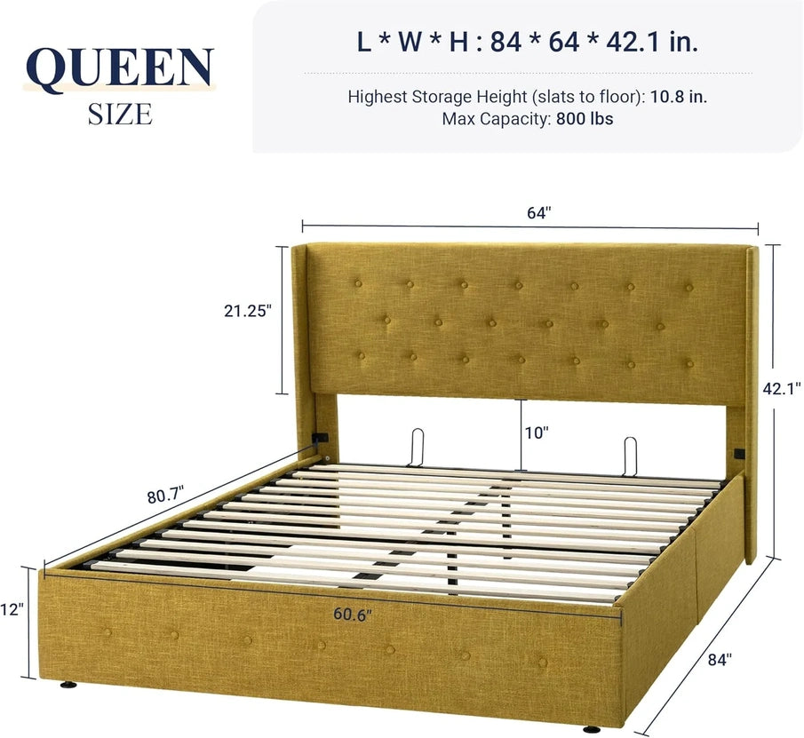 Allewie Queen Size Lift Up Storage Bed, Modern Wingback Headboard, Hydraulic Support, No Box Spring Needed, Light Beige
