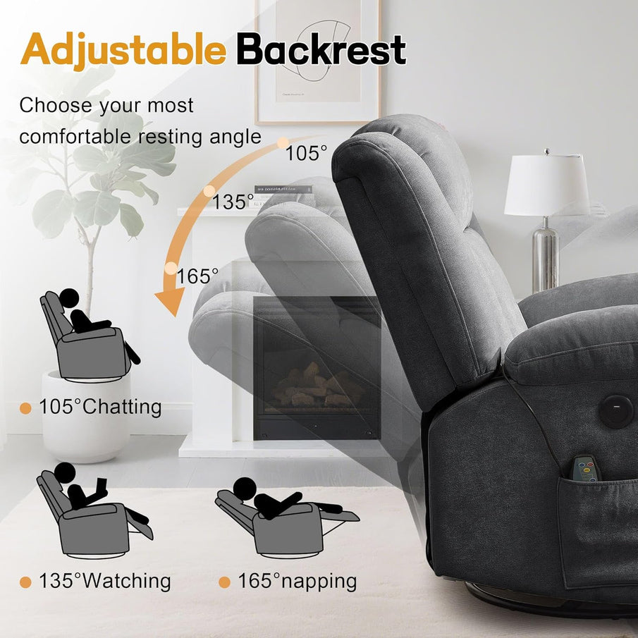 Rocker Recliner, Glider Recliner Chairs For Adults, 360 Degree Swivel Rocking Chair With Massage And Heating