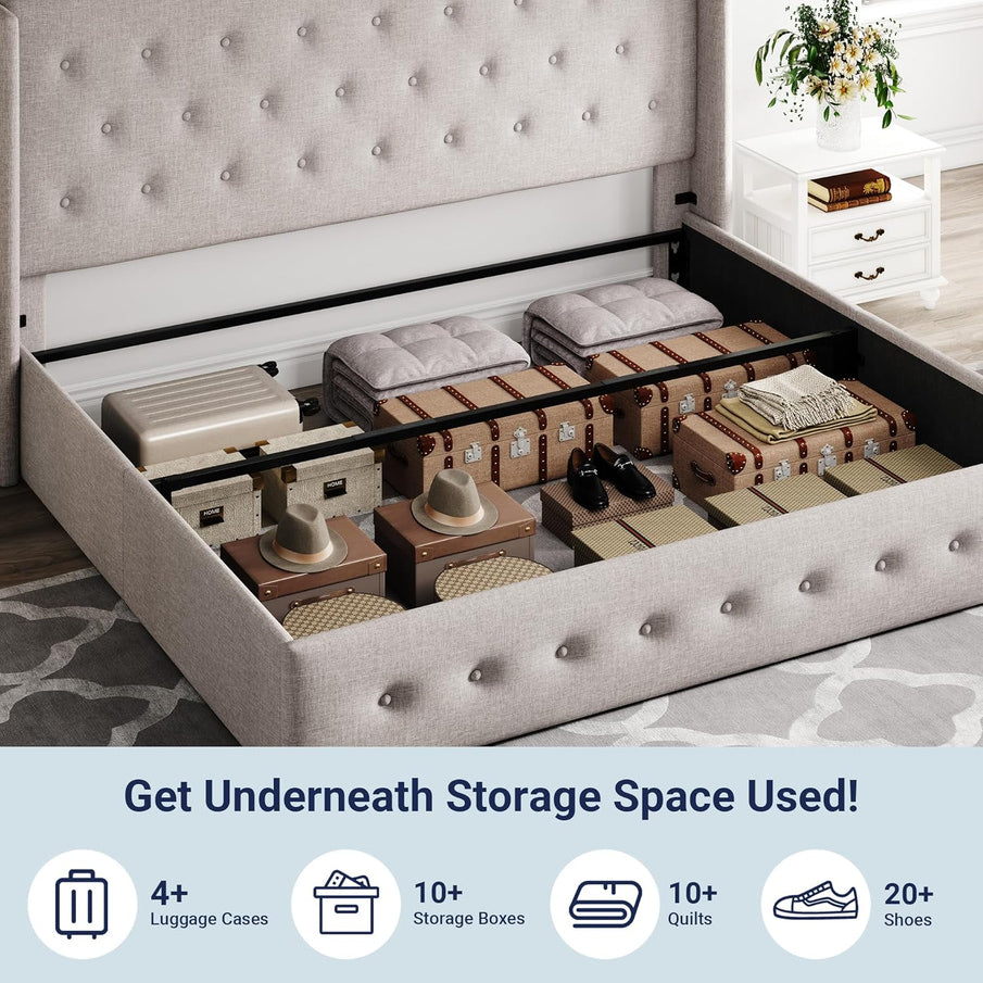 Allewie Queen Size Lift Up Storage Bed, Modern Wingback Headboard, Hydraulic Support, No Box Spring Needed, Light Beige
