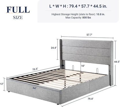 Allewie Queen Size Lift Up Storage Bed, Modern Wingback Headboard, Hydraulic Support, No Box Spring Needed, Light Beige