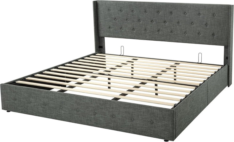 Allewie Queen Size Lift Up Storage Bed, Modern Wingback Headboard, Hydraulic Support, No Box Spring Needed, Light Beige
