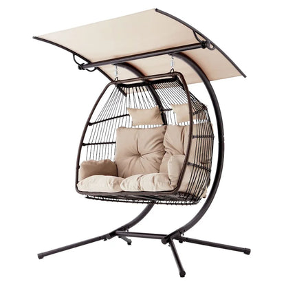 Outdoor Swing Loveseat With Stand, Foldable Hanging Chair, Hammock Cushion, And Awning, Double Egg Chair, Beige