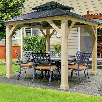 10 x 10 Ft. Outdoor Patio Hardtop Gazebo With Wood Frame And 2-Tier Metal Roof, All-Weather Gazebo Pergolas Shelter