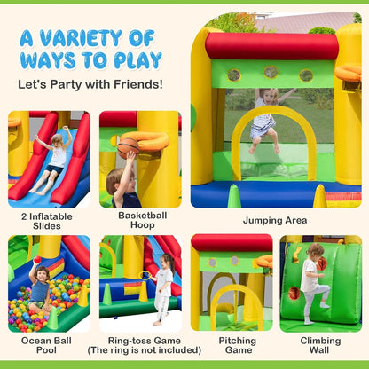 Costway Colorful Rainbow Kids Inflatable Bounce Castle With 50 Ocean Balls And 735W Blower