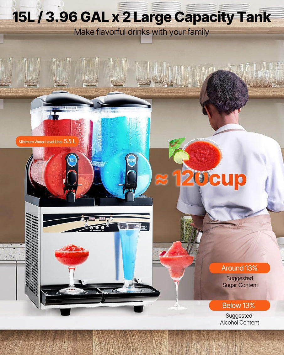 Vevor Slushy Machine, 15Lx2 Double Tank Commercial Margarita Machine, 120 Cups Stainless Steel Margarita Smoothie Frozen Drink Machine