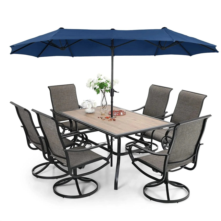 8-piece Patio Dining Set With Parasol, Garden Furniture Set With 6 Swivel Dining Chairs With Mesh Covers